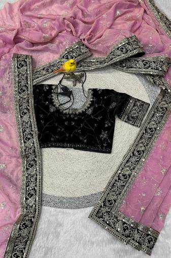 Pink Color Sequins Embroidery Work Silk Saree