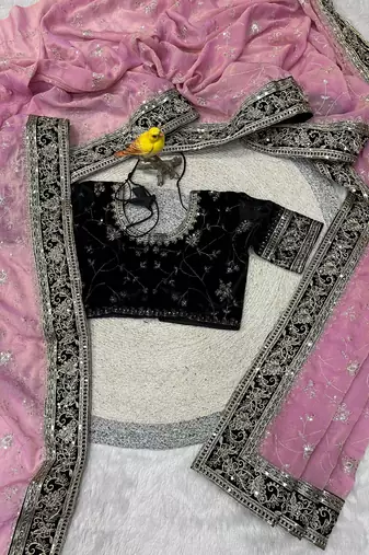 Pink Color Sequins Embroidery Work Silk Saree