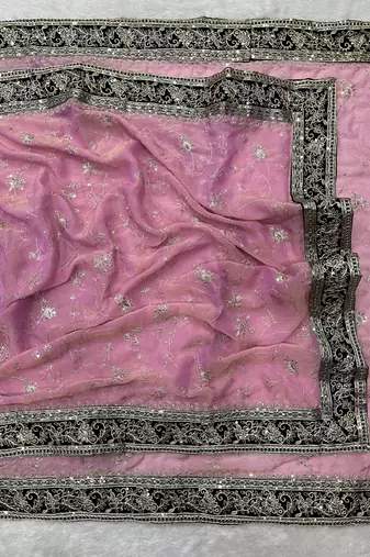 Pink Color Sequins Embroidery Work art silk saree