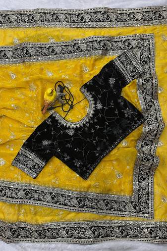Yellow Color Sequins Embroidery Work art silk saree