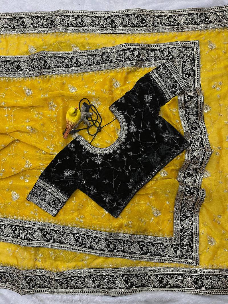Yellow Color Sequins Embroidery Work Silk Saree