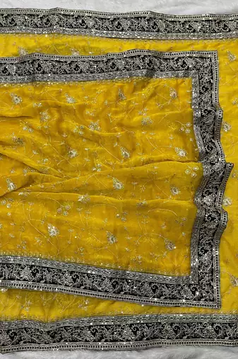 Yellow Color Sequins Embroidery Work art silk saree