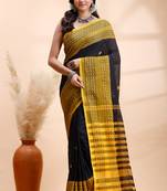 Black handloom saree with yellow traditional border & intricate weaving design