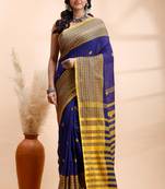 Blue handloom saree with yellow traditional border & intricate weaving design