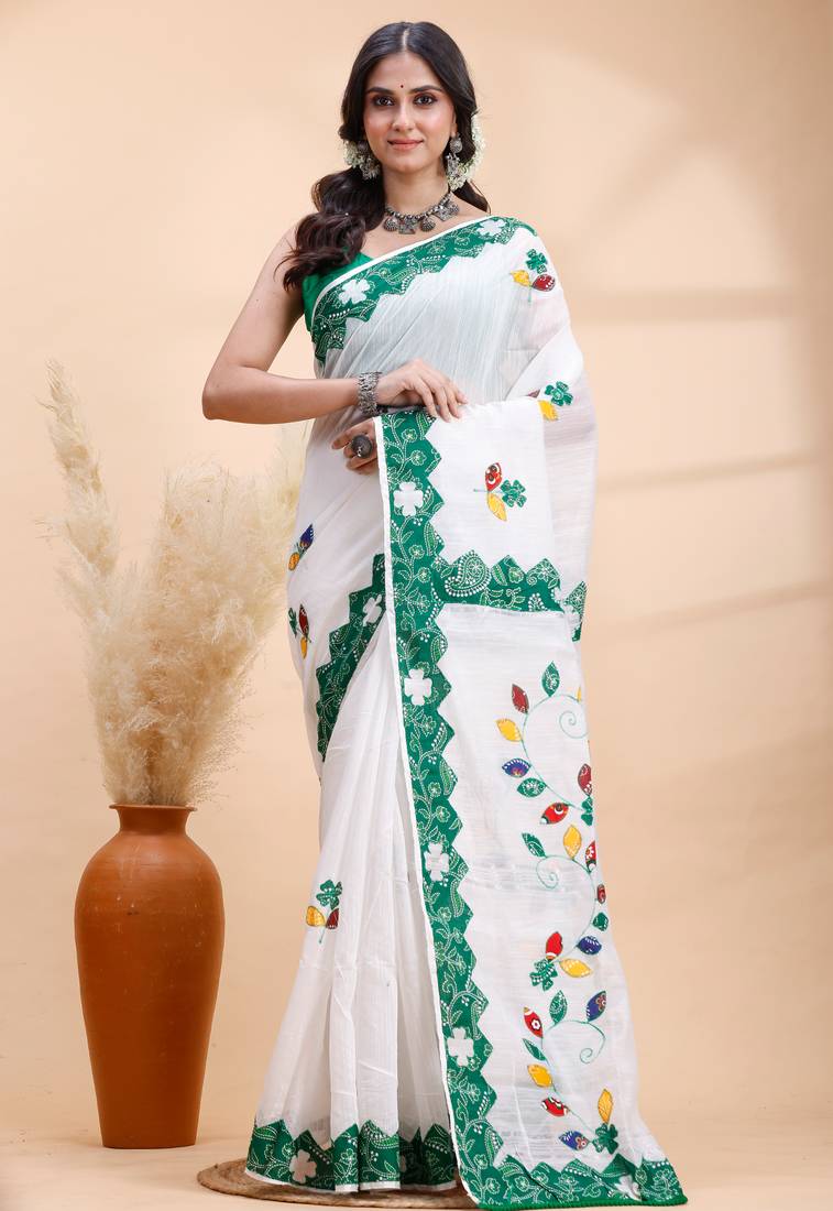 White & green  handloom saree with intricate applique work and floral artistic border