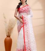 White & red muslin saree with delicate jamdani motifs and graceful contrast border