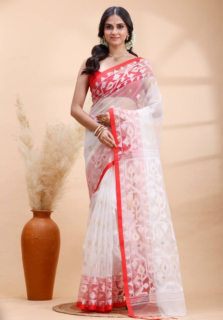 White & red muslin saree with delicate jamdani motifs and graceful contrast border