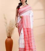 White handloom cotton saree with red traditional border & intricate weaving design