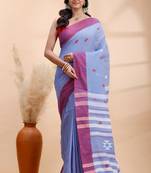 Steel blue & red handloom saree with minimalist woven motifs and classic contrast border