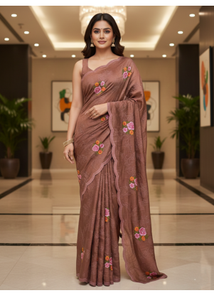 Brown Color Malti Thread Embroidery work art silk saree 1