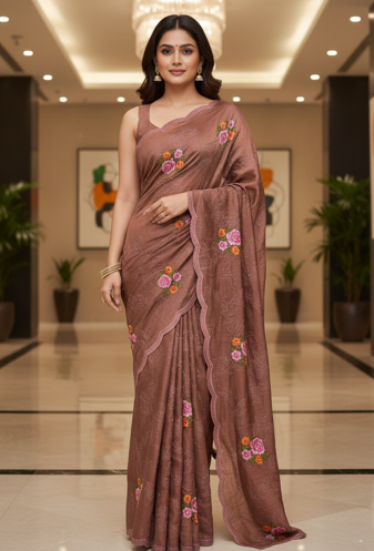Brown Color Malti Thread Embroidery work Silk Saree