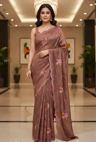 Brown Color Malti Thread Embroidery work Silk Saree