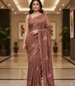 Brown Color Malti Thread Embroidery work Silk Saree
