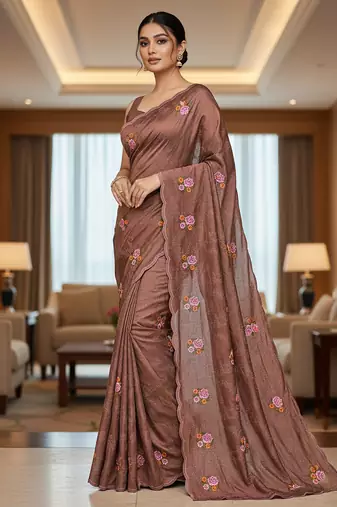 Brown Color Malti Thread Embroidery work art silk saree
