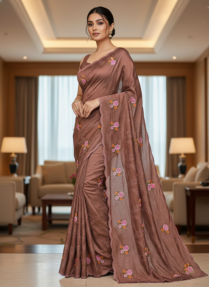 Brown Color Malti Thread Embroidery work Silk Saree