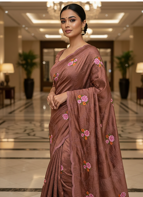 Brown Color Malti Thread Embroidery work art silk saree 3