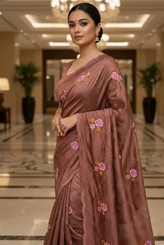 Brown Color Malti Thread Embroidery work art silk saree