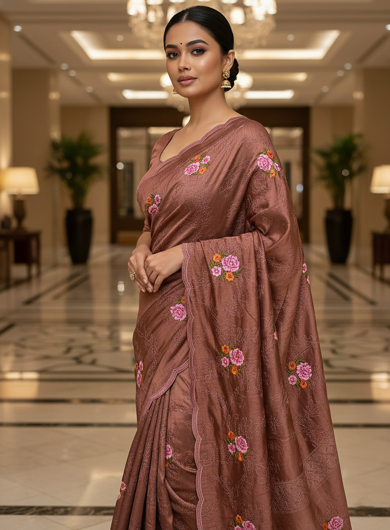 Brown Color Malti Thread Embroidery work Silk Saree