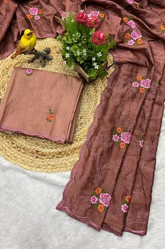 Brown Color Malti Thread Embroidery work art silk saree