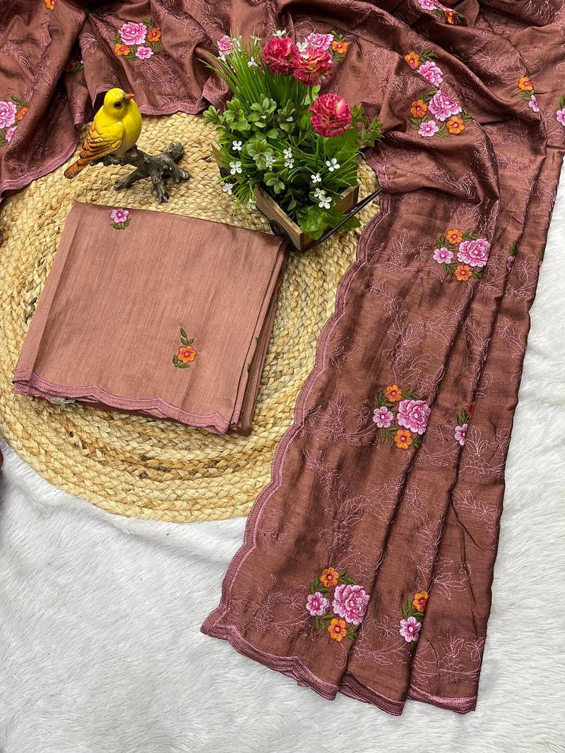 Brown Color Malti Thread Embroidery work Silk Saree
