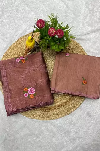 Brown Color Malti Thread Embroidery work art silk saree