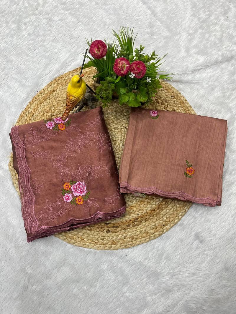 Brown Color Malti Thread Embroidery work Silk Saree