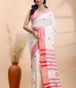 Offwhite & red handloom saree with minimalist woven motifs and classic contrast border