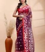 Purple & red muslin saree with delicate jamdani motifs and graceful contrast border