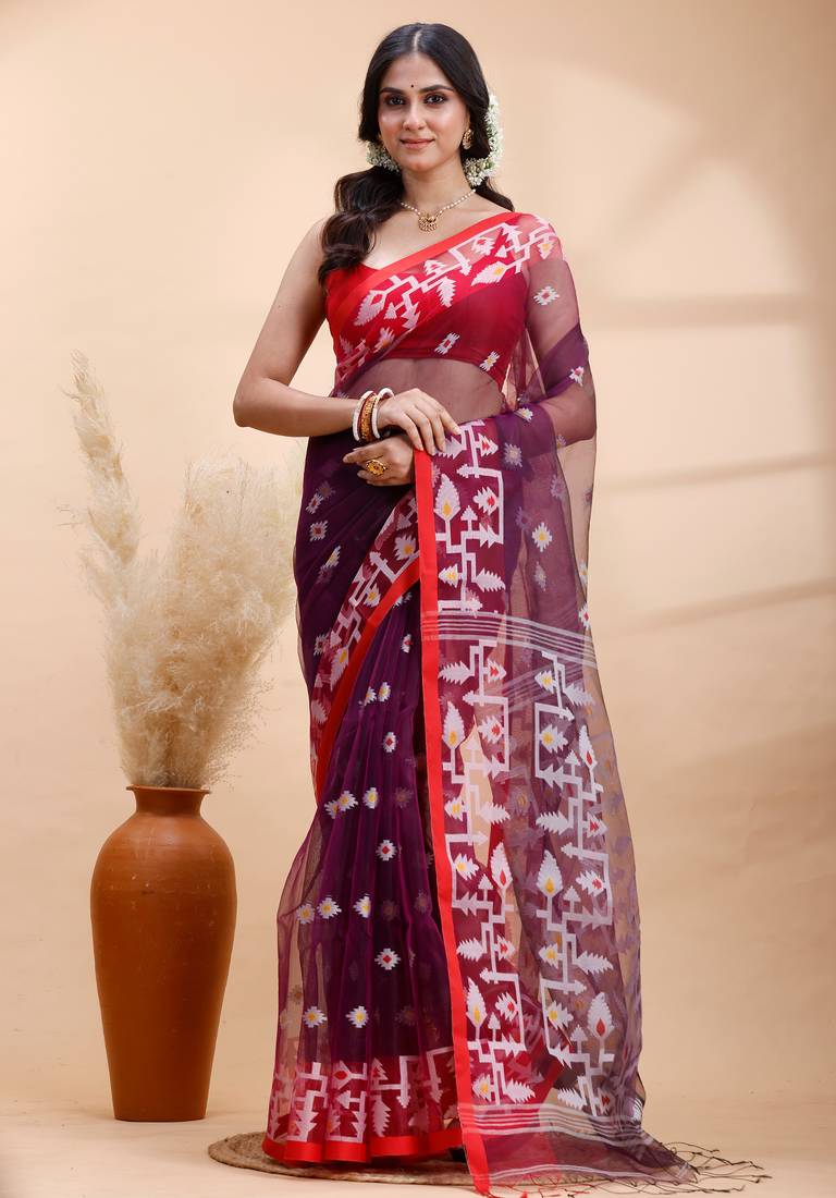 Purple & red muslin saree with delicate jamdani motifs and graceful contrast border