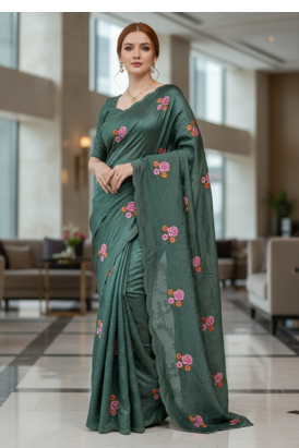 Green Color Malti Thread Embroidery work art silk saree 1