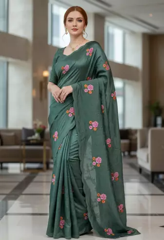 Green Color Malti Thread Embroidery work Silk Saree