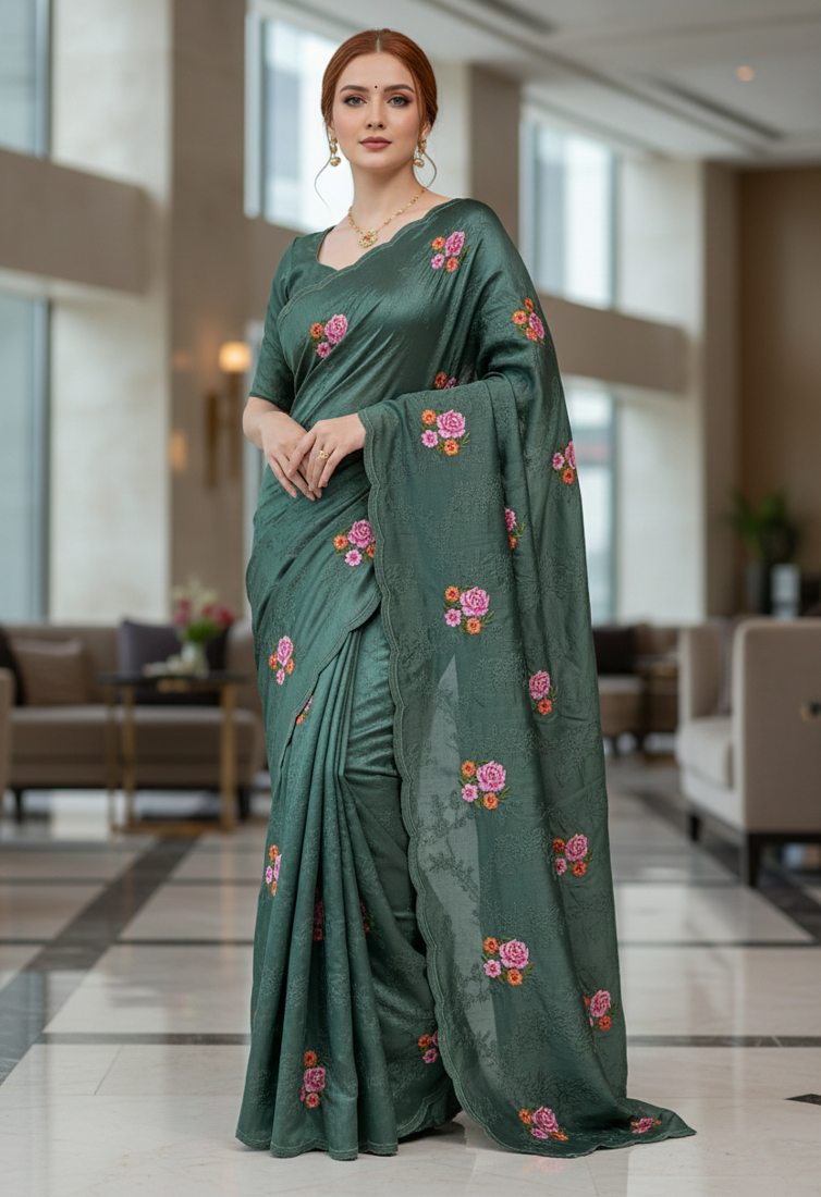 Green Color Malti Thread Embroidery work Silk Saree