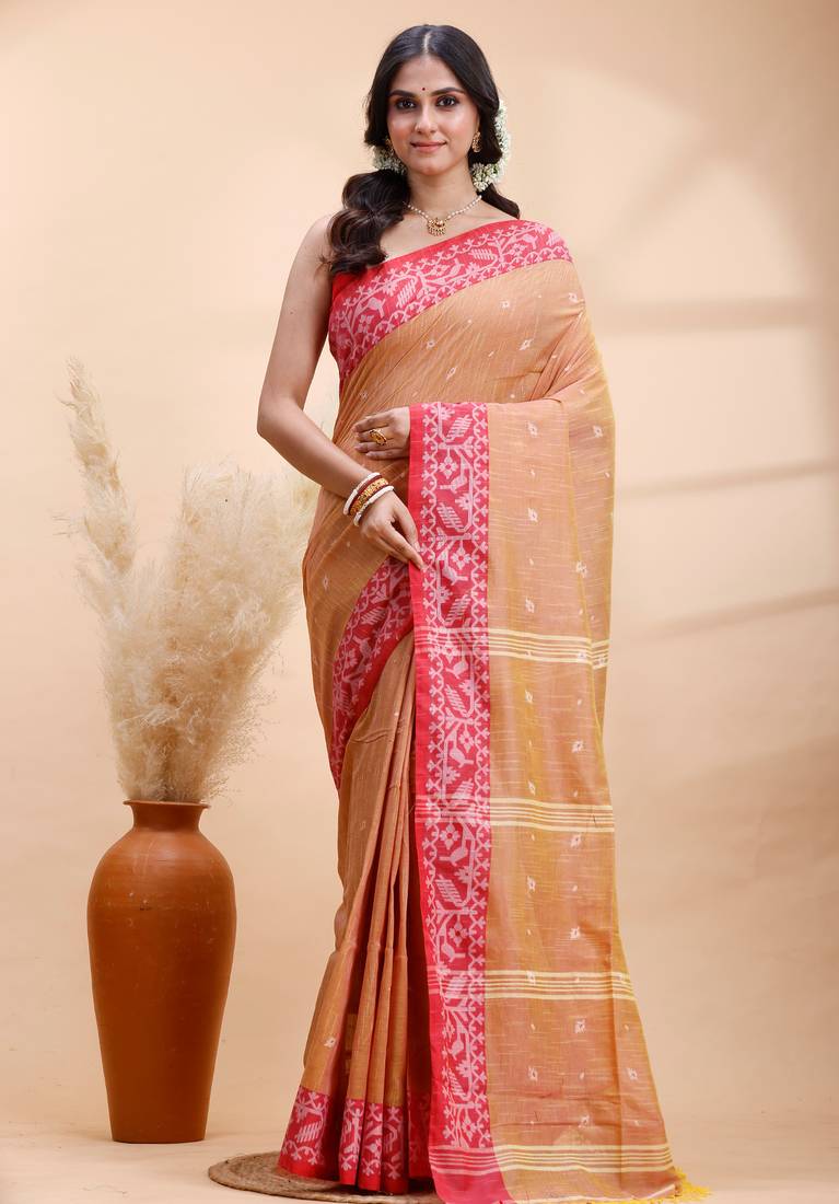 Golden earth handloom cotton saree with red heritage border