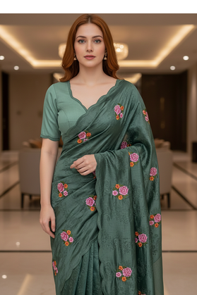Green Color Malti Thread Embroidery work art silk saree 2