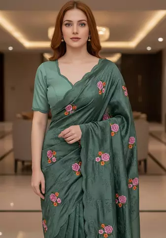 Green Color Malti Thread Embroidery work art silk saree