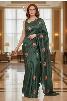 Green Color Malti Thread Embroidery work art silk saree 3