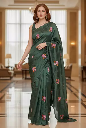 Green Color Malti Thread Embroidery work art silk saree