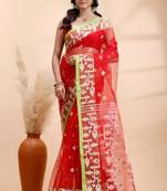 Red muslin saree with delicate jamdani motifs and green contrast border