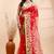 Red muslin saree with delicate jamdani motifs and green contrast border