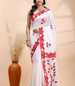 White & red handloom saree with intricate applique work and floral artistic border
