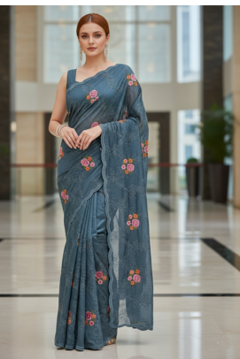 Green Color Malti Thread Embroidery work art silk saree 1
