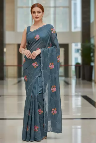 Green Color Malti Thread Embroidery work Silk Saree