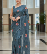 Green Color Malti Thread Embroidery work Silk Saree