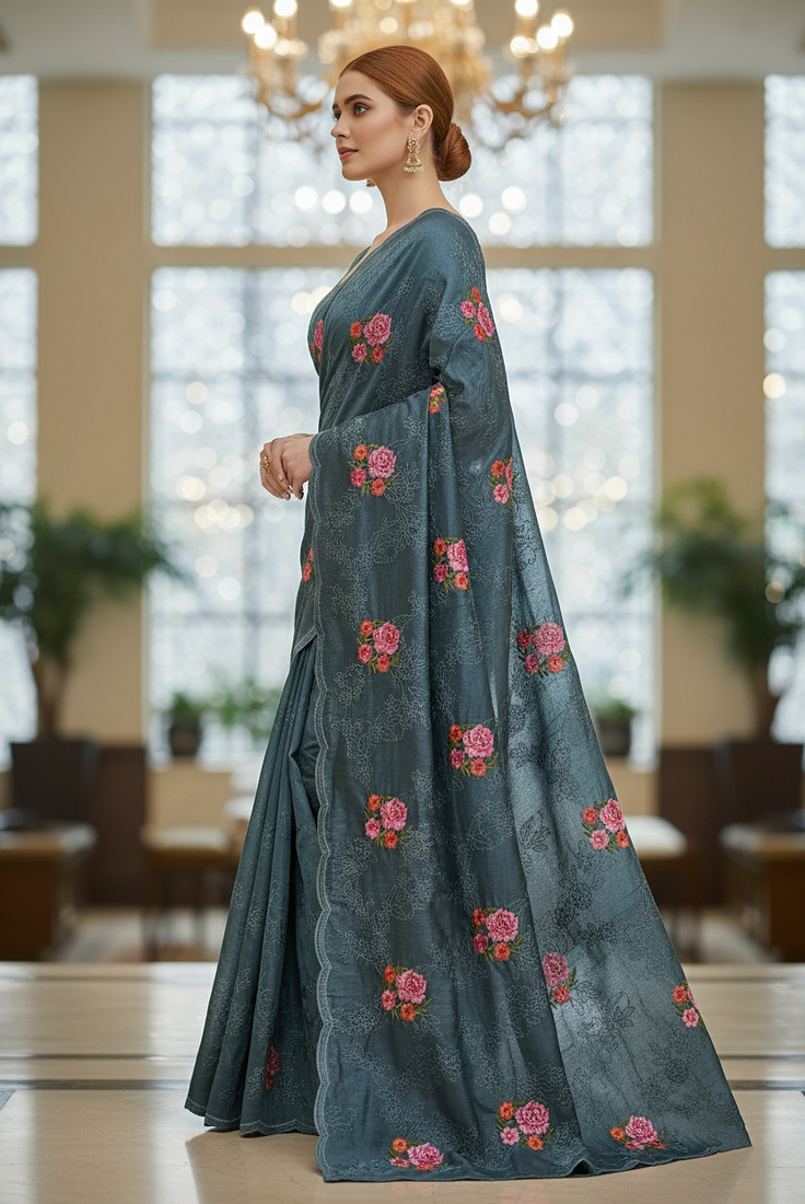 Green Color Malti Thread Embroidery work Silk Saree