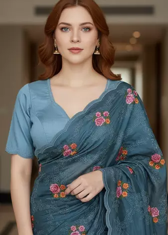 Green Color Malti Thread Embroidery work art silk saree