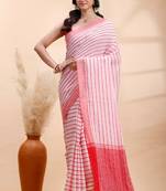 White & red handloom cotton saree with fine striped weave and traditional border