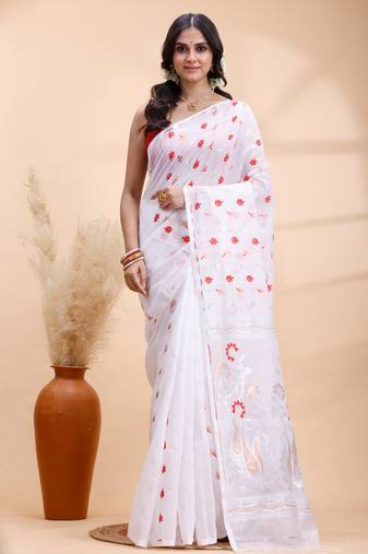 White handloom cotton saree with delicate red and golden floral buti and artistic woven pallu