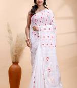 White handloom cotton saree with delicate red and golden floral buti and artistic woven pallu