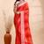 Red chiffon saree with elegant striped weave and subtle silver border detailing