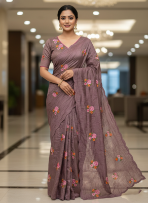 Lavender Color Malti Thread Embroidery work art silk saree 1